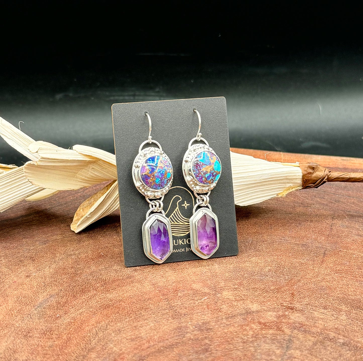 Kingman Mohave Turquoise with Bronze and Amethyst Sterling Silver Earrings