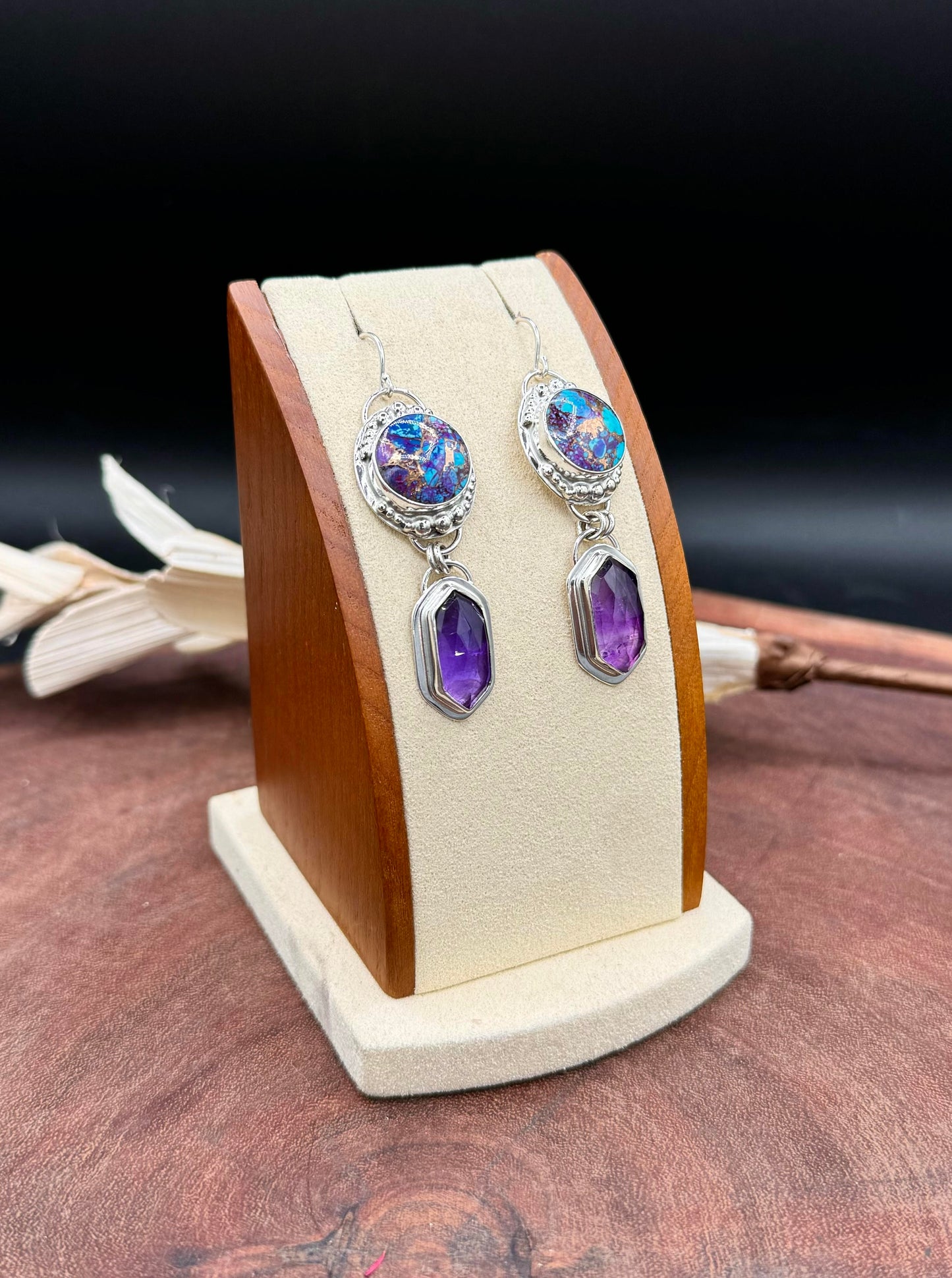 Kingman Mohave Turquoise with Bronze and Amethyst Sterling Silver Earrings