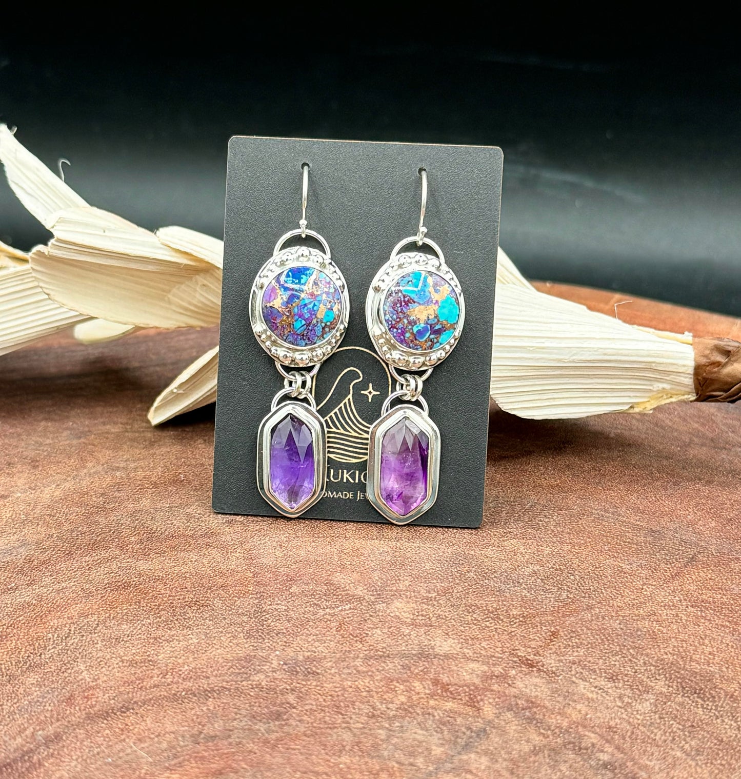 Kingman Mohave Turquoise with Bronze and Amethyst Sterling Silver Earrings