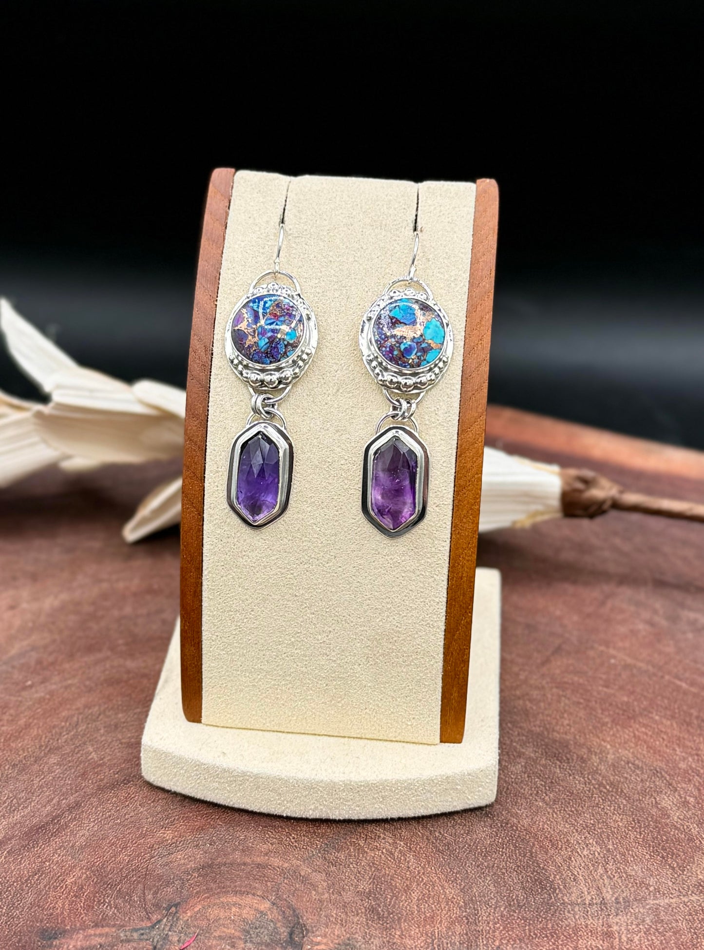 Kingman Mohave Turquoise with Bronze and Amethyst Sterling Silver Earrings