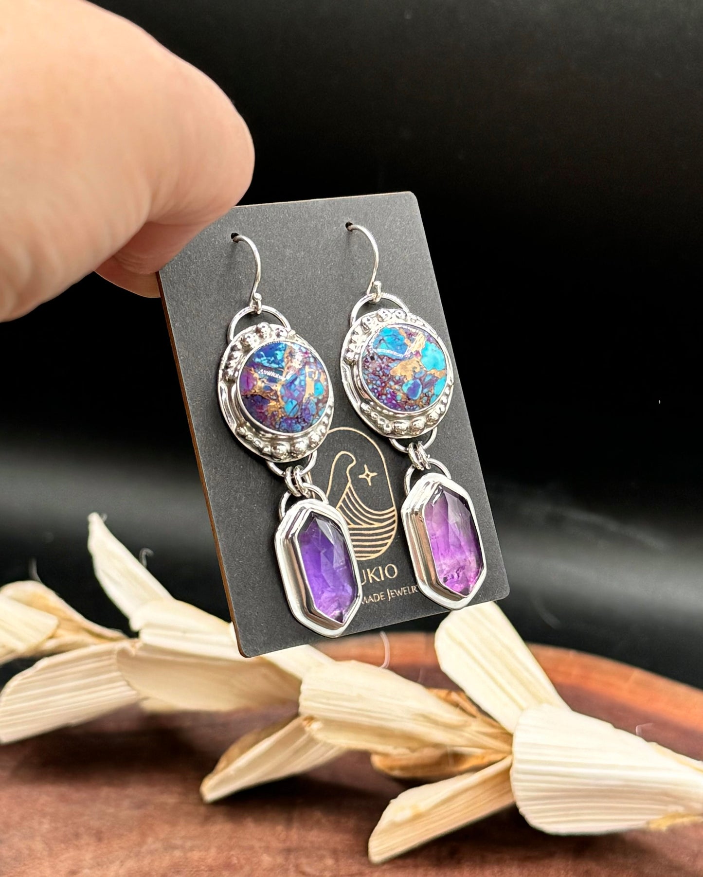 Kingman Mohave Turquoise with Bronze and Amethyst Sterling Silver Earrings