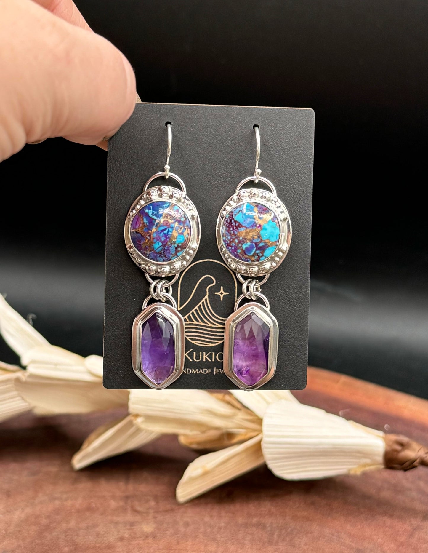 Kingman Mohave Turquoise with Bronze and Amethyst Sterling Silver Earrings