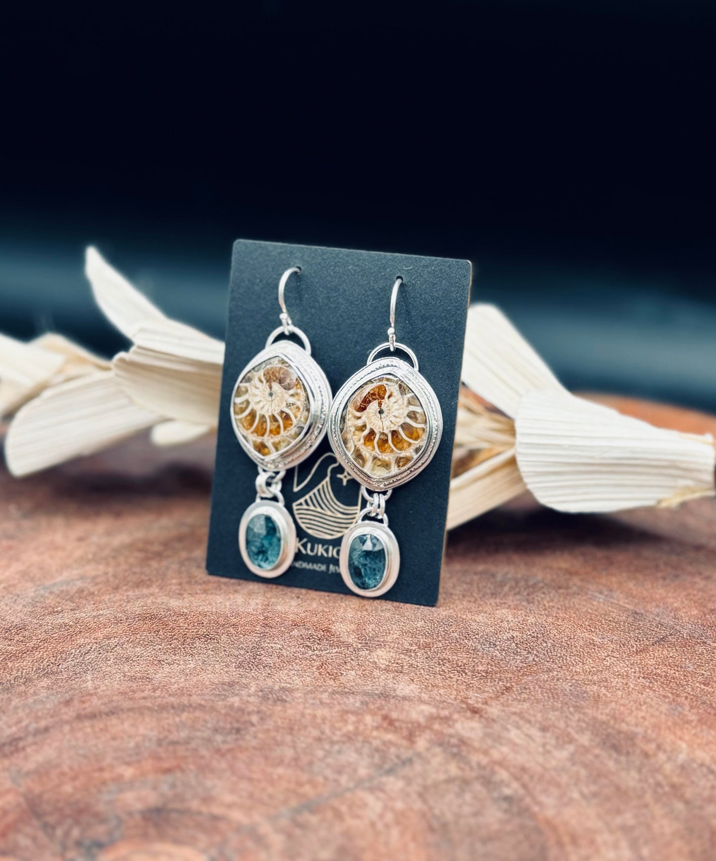 Sterling Silver Ammonite and Teal Moss Kyanite Earrings