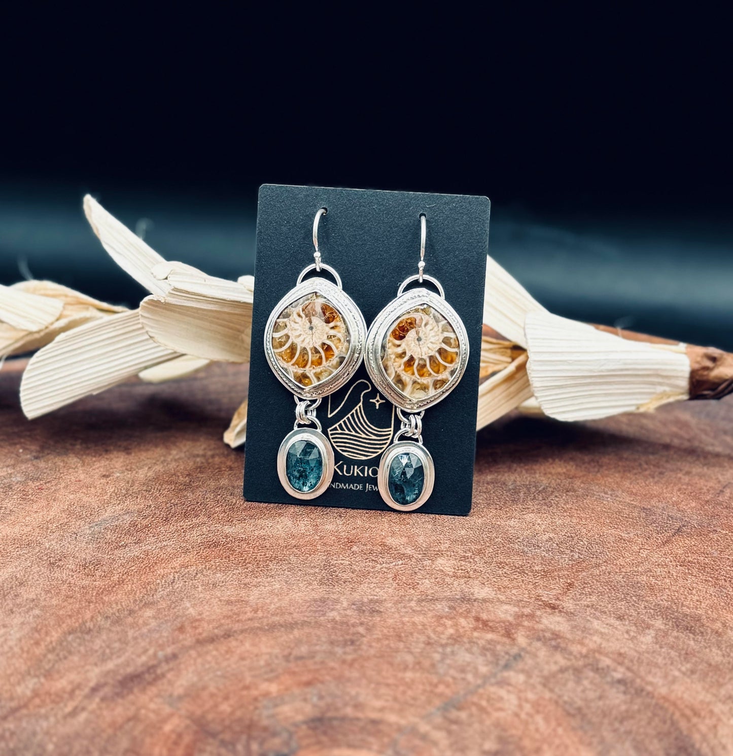 Sterling Silver Ammonite and Teal Moss Kyanite Earrings