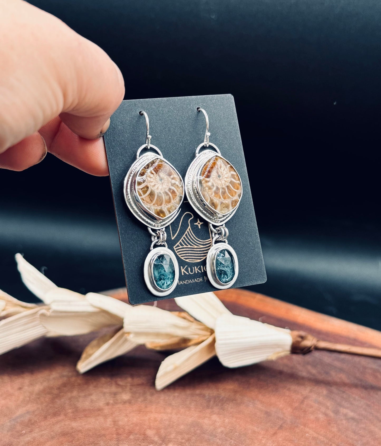 Sterling Silver Ammonite and Teal Moss Kyanite Earrings