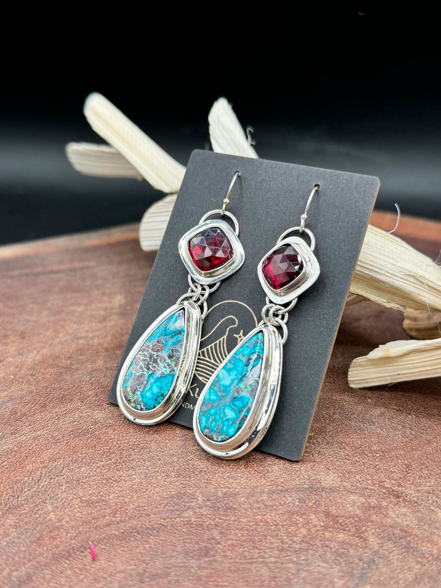 Natural Shattuckite Chrysocolla and Garnet Earrings