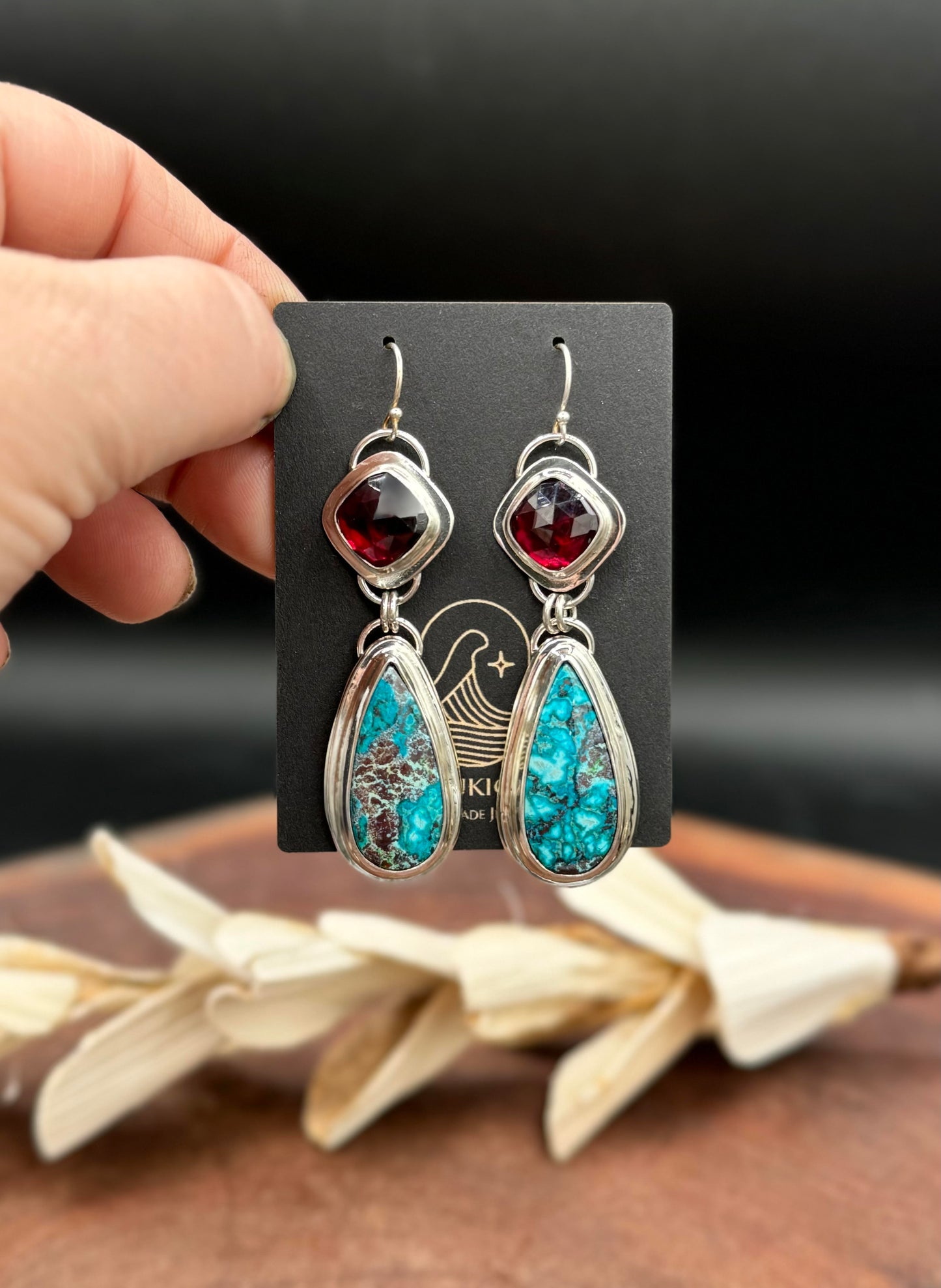 Natural Shattuckite Chrysocolla and Garnet Earrings