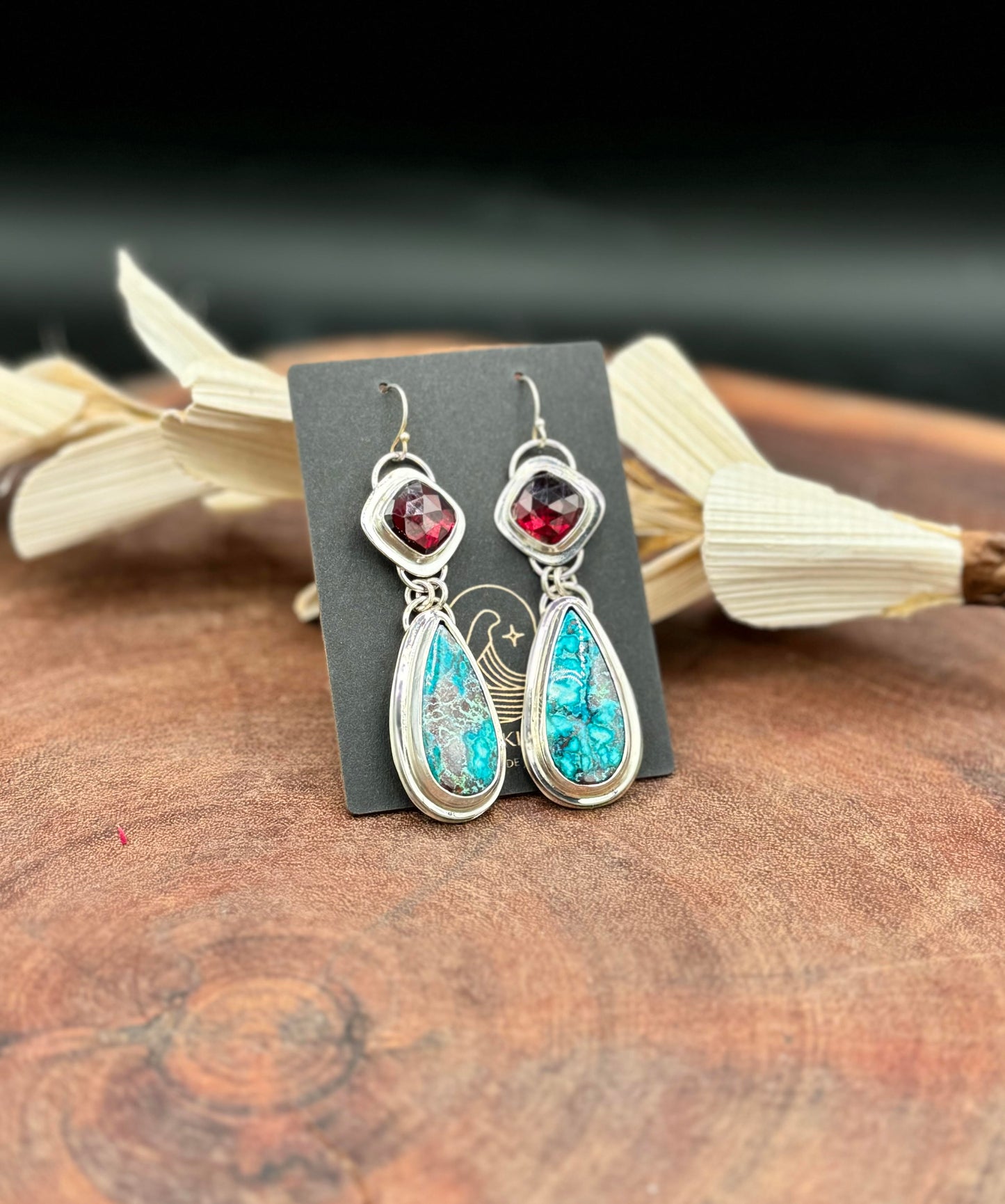 Natural Shattuckite Chrysocolla and Garnet Earrings