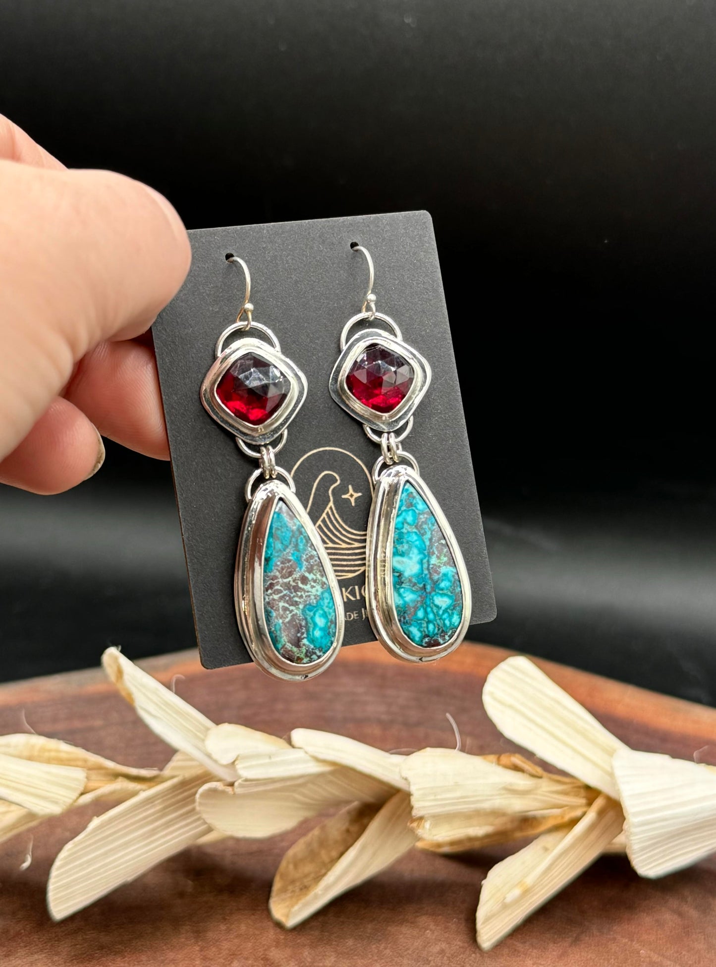 Natural Shattuckite Chrysocolla and Garnet Earrings