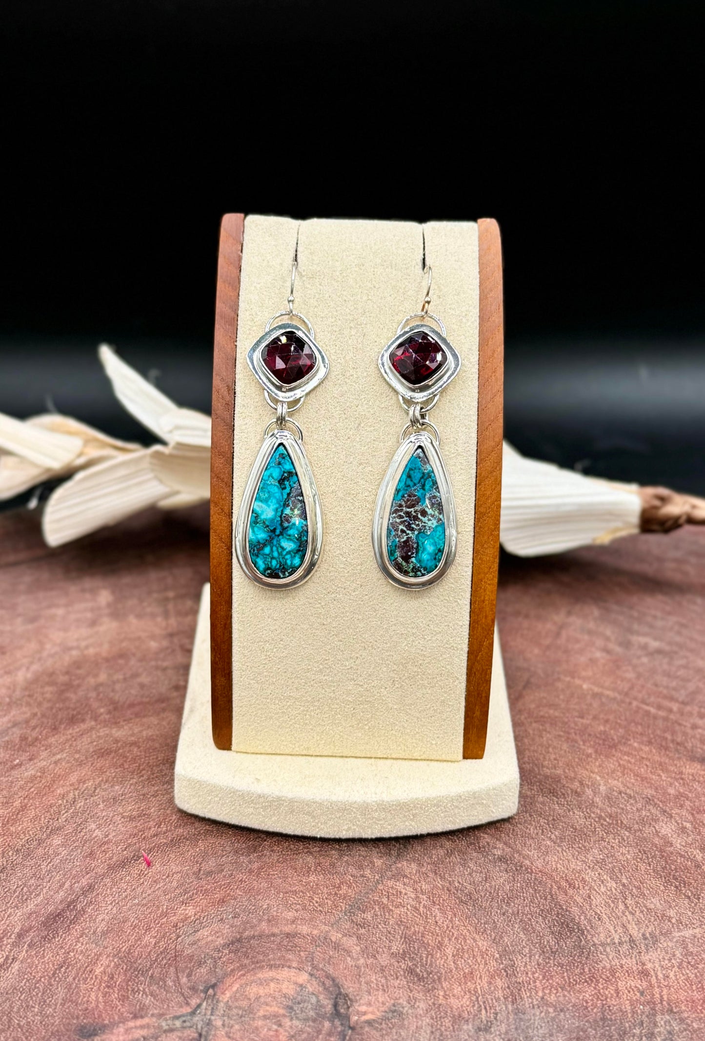 Natural Shattuckite Chrysocolla and Garnet Earrings