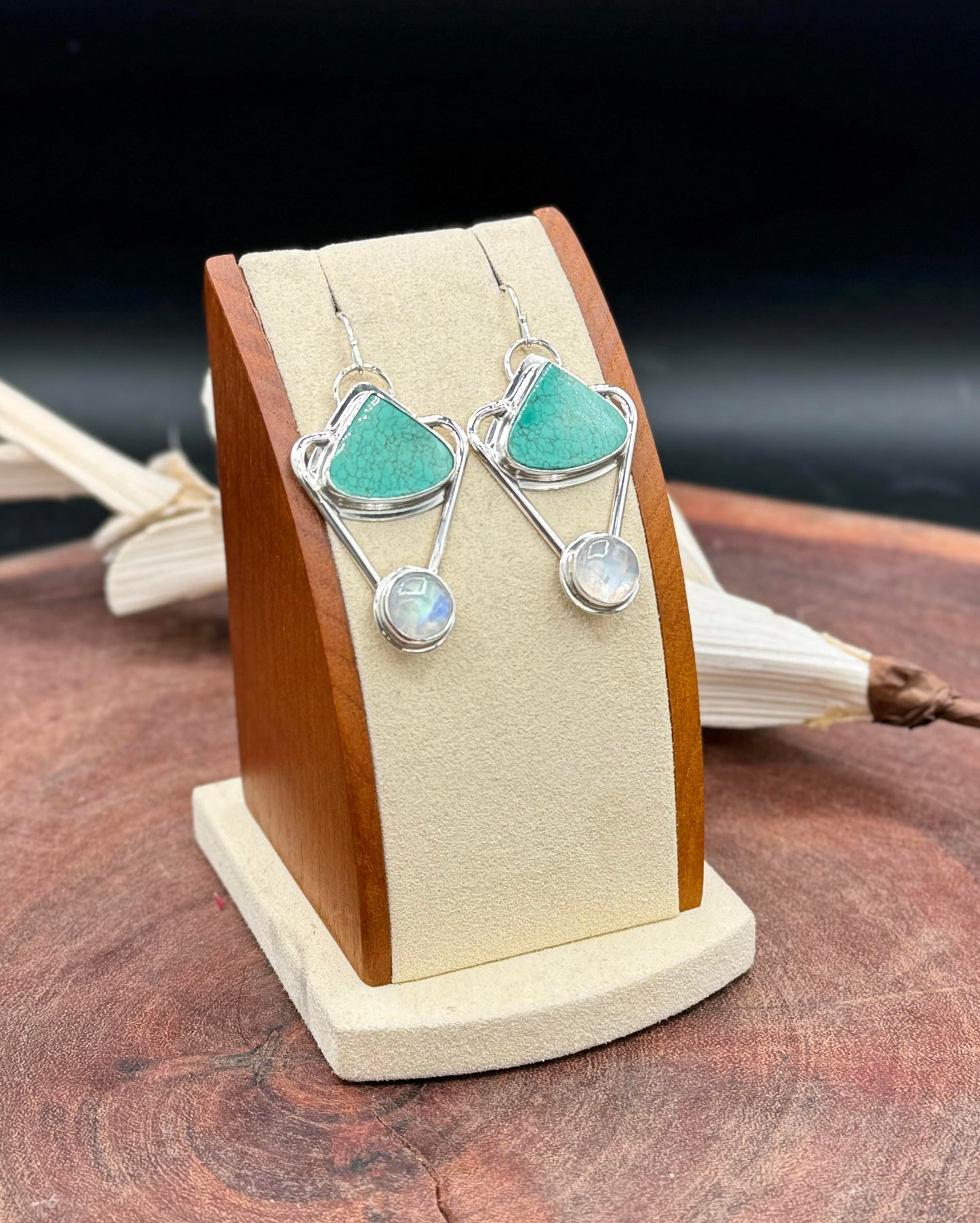 Hubei Turquoise and Rainbow Moonstone Sterling Silver Earrings