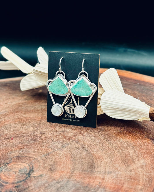 Hubei Turquoise and Rainbow Moonstone Sterling Silver Earrings