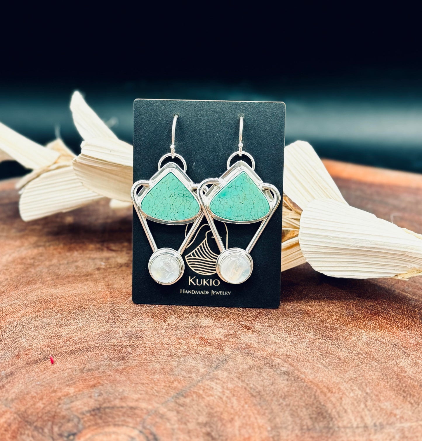 Hubei Turquoise and Rainbow Moonstone Sterling Silver Earrings