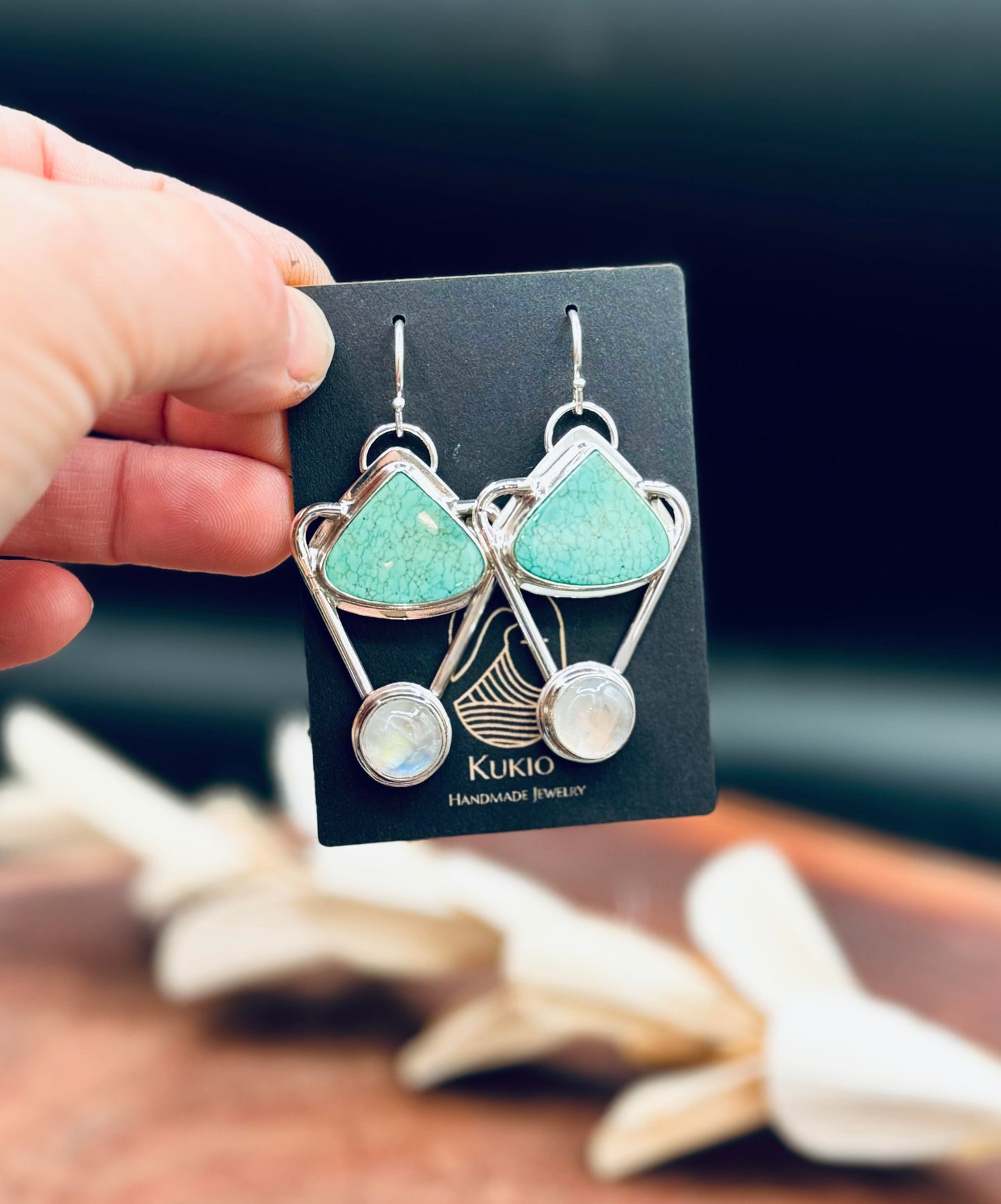 Hubei Turquoise and Rainbow Moonstone Sterling Silver Earrings