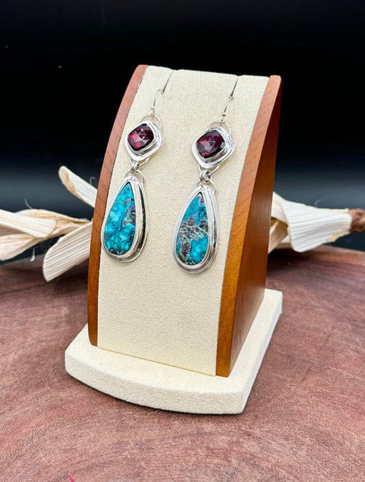 Natural Shattuckite Chrysocolla and Garnet Earrings