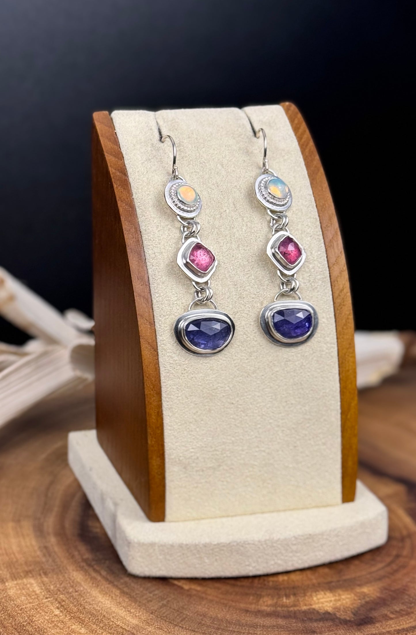 Sterling Silver Tanzanite, Pink Sapphire and Opal Earrings