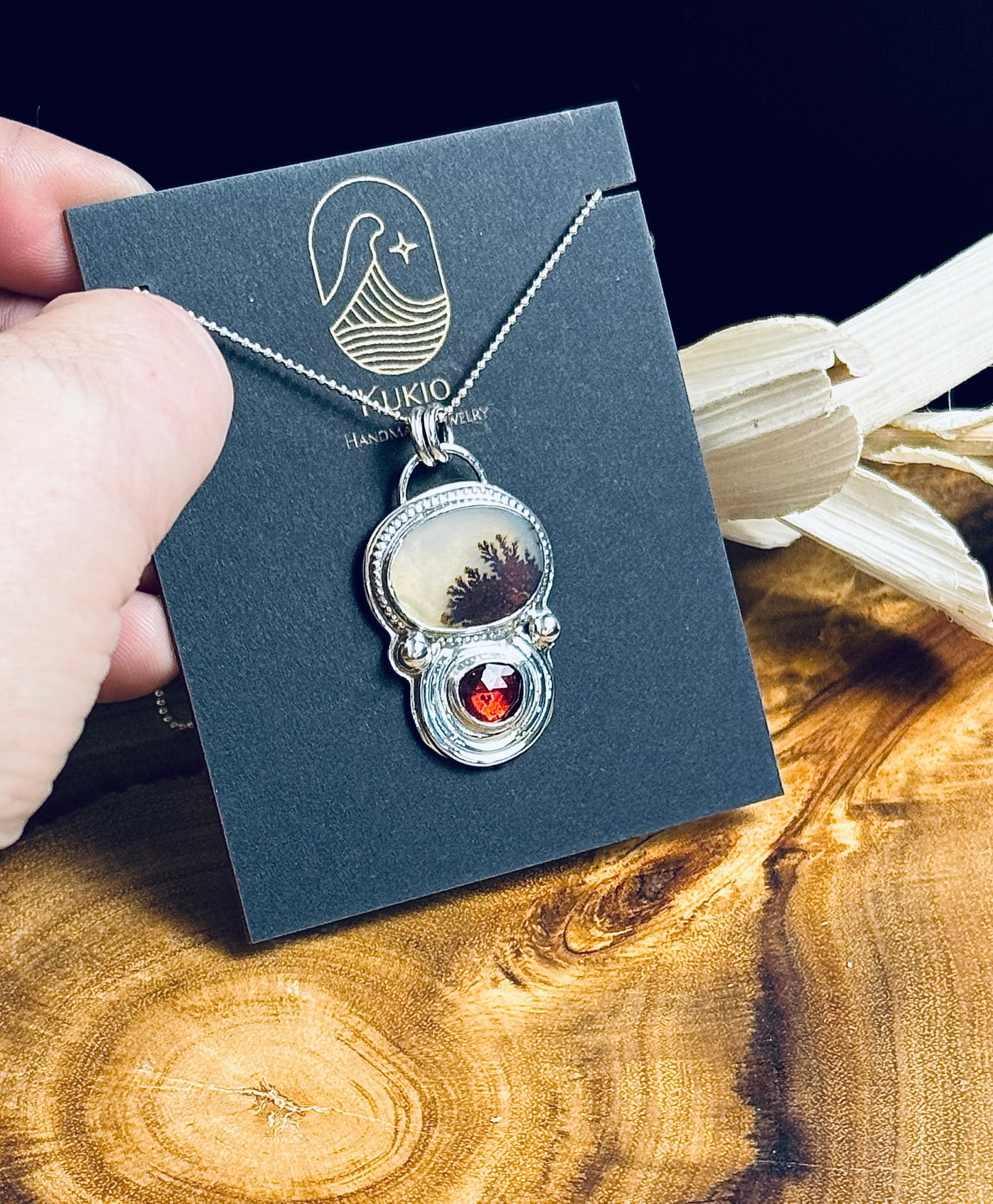 Sterling Silver Scenic Agate and Garnet Pendant Necklace
