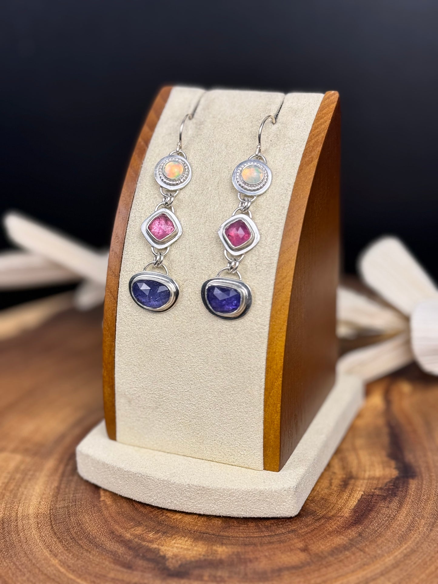 Sterling Silver Tanzanite, Pink Sapphire and Opal Earrings