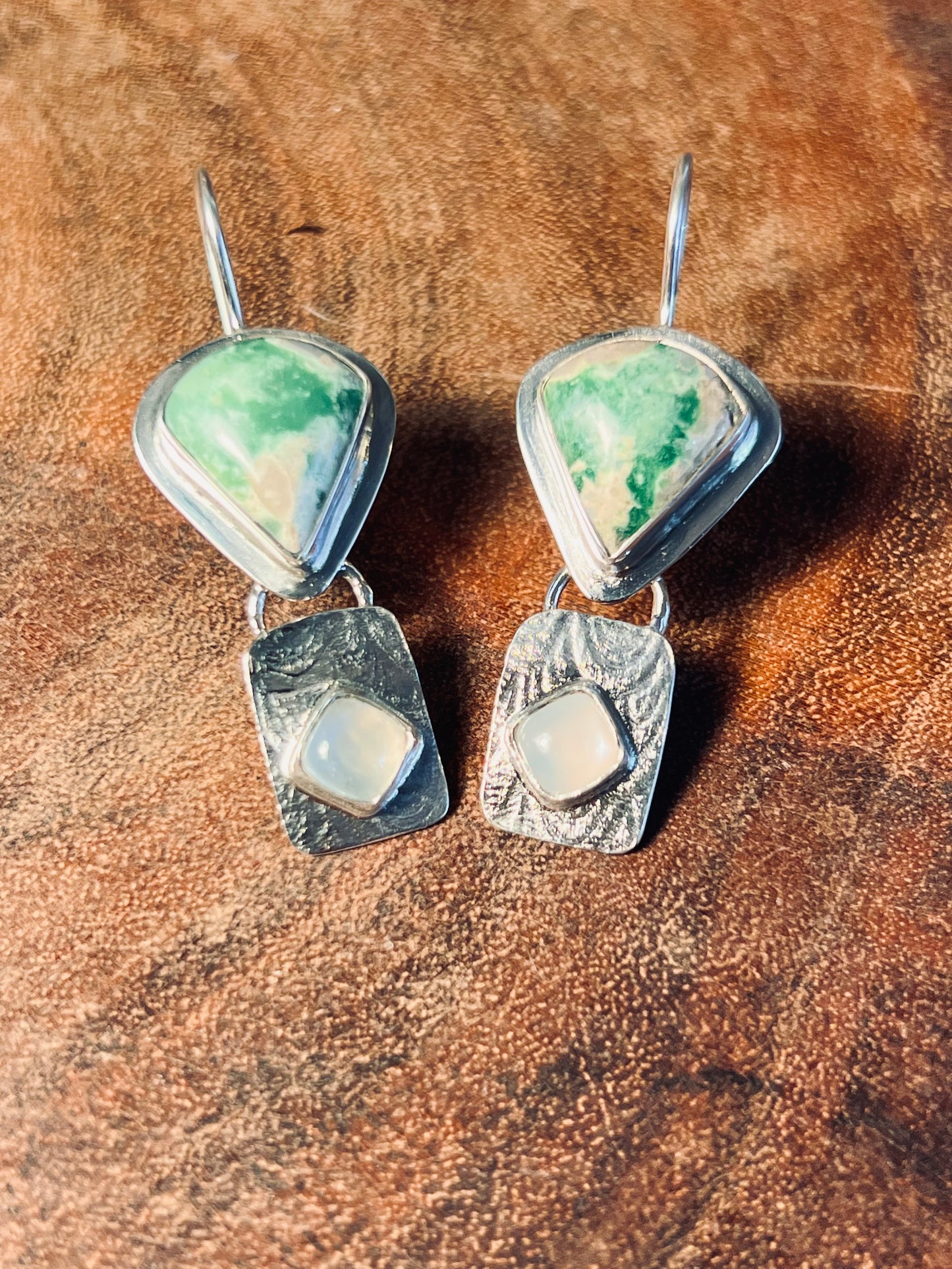 Varicsite and Moonstone Patterned Sterling Silver Earrings