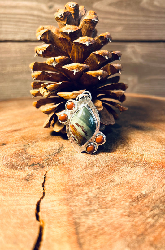 Gary Green Jasper and Red Jasper Sterling Silver Patterned Pendant