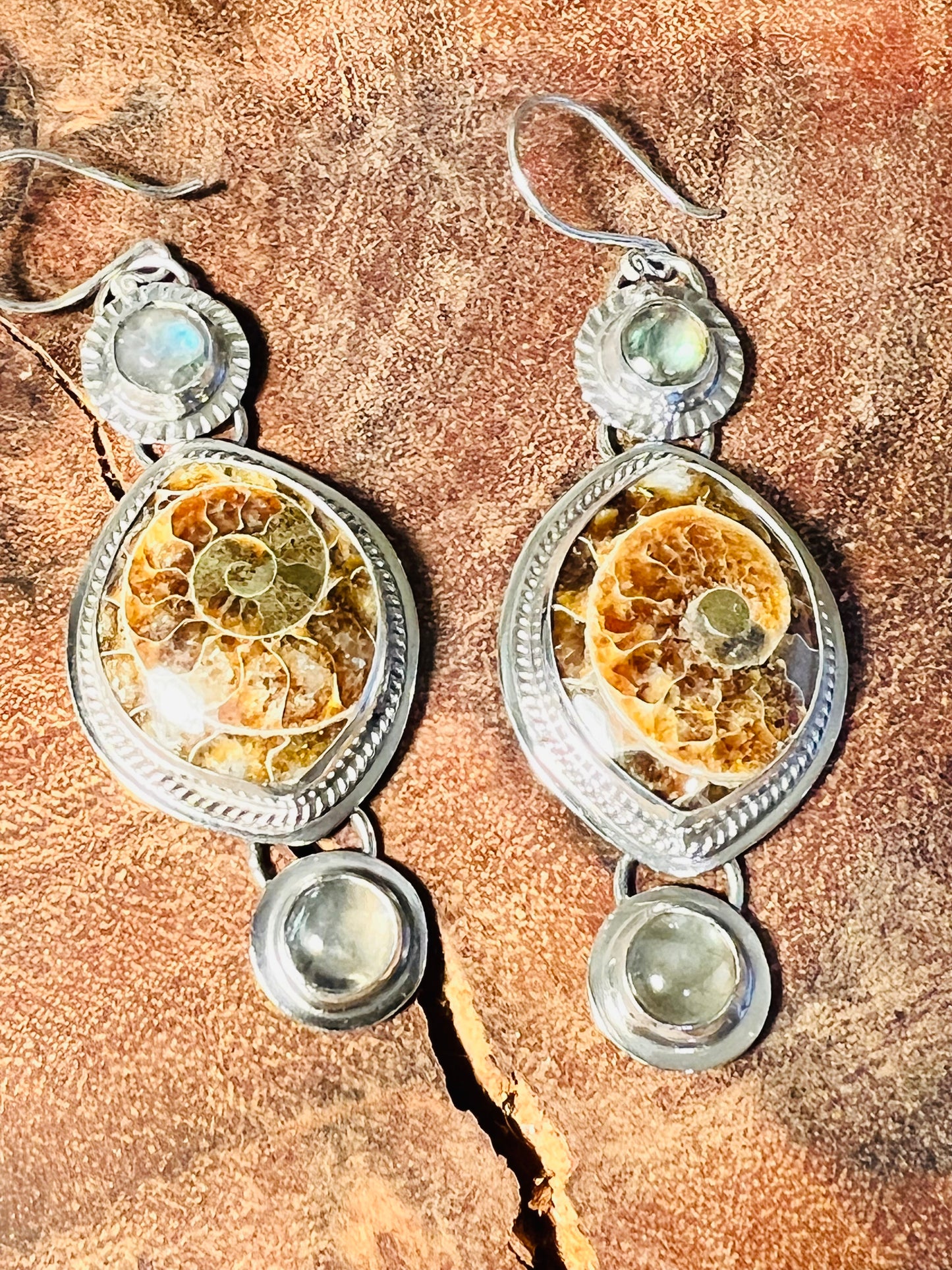 Ammonite Fossil and Labradorite Sterling Silver Dangle Earrings