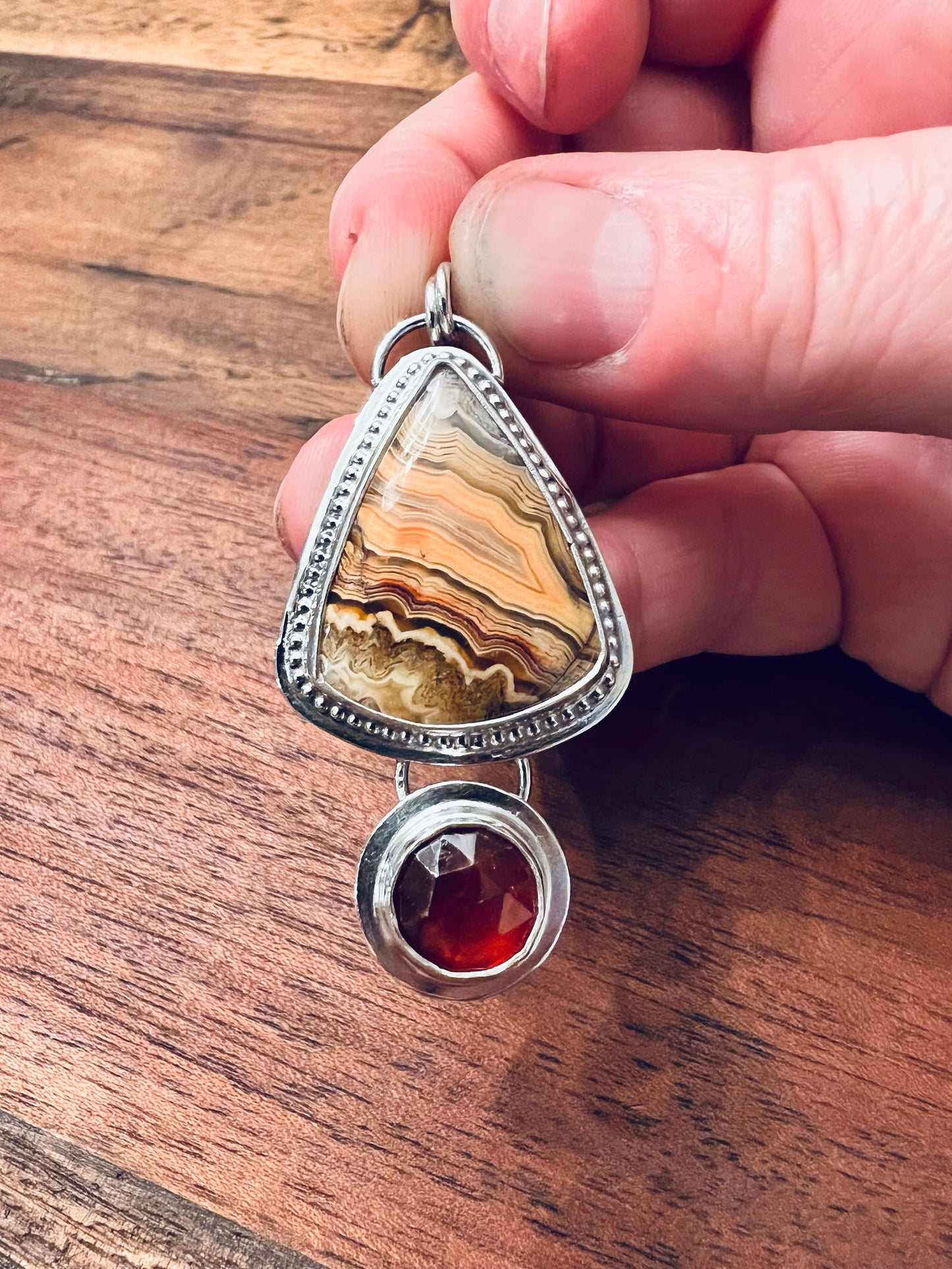 Crazy Lace Agate with Hessonite Garnet Pendant