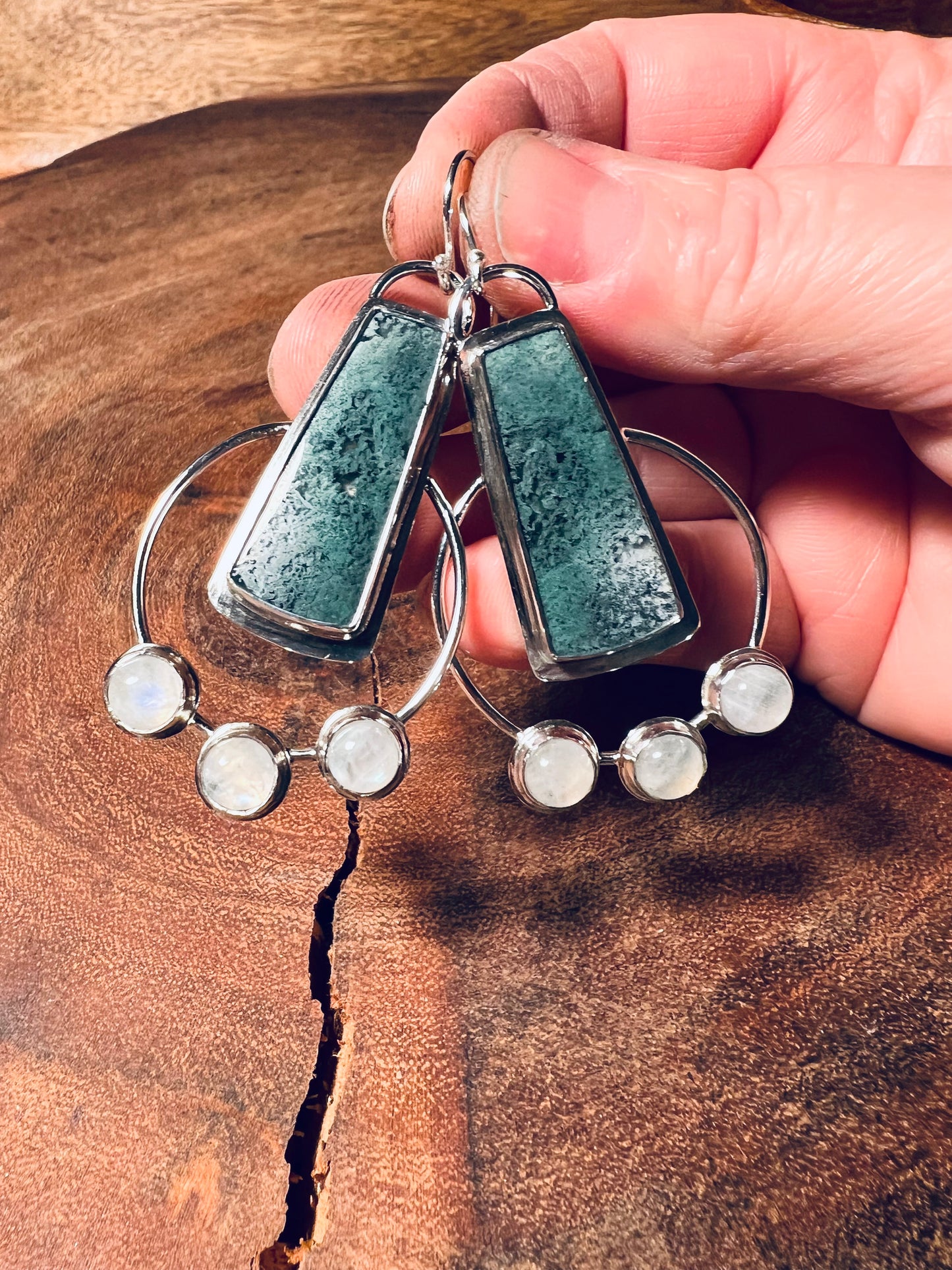 Moss Agate and Rainbow Moonstone Sterling Silver Dangle Earrings
