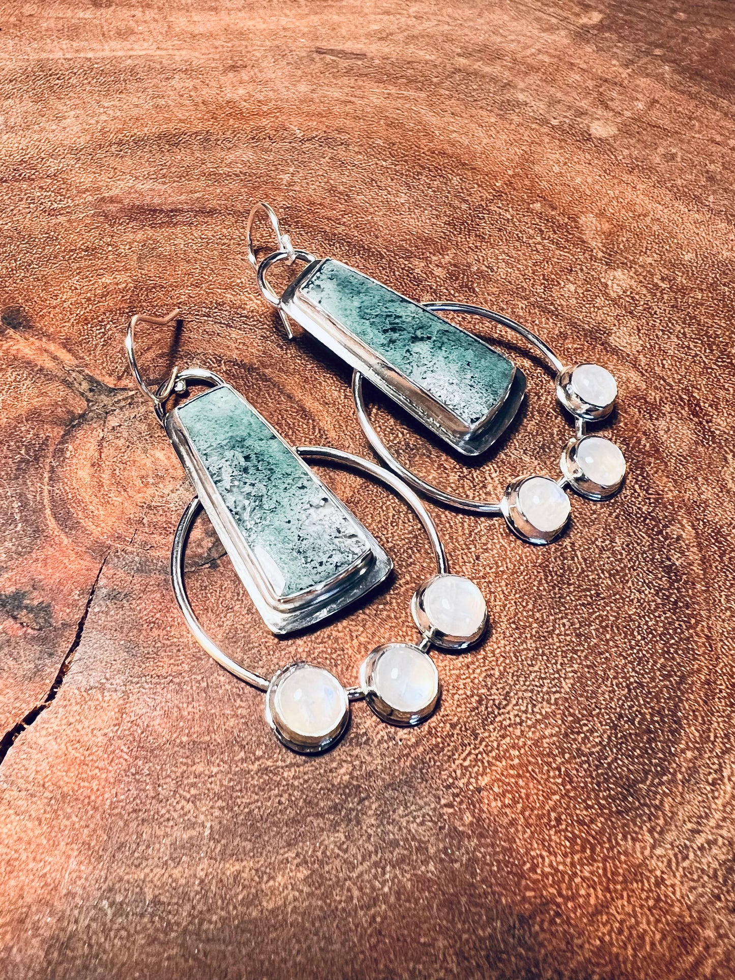 Moss Agate and Rainbow Moonstone Sterling Silver Dangle Earrings