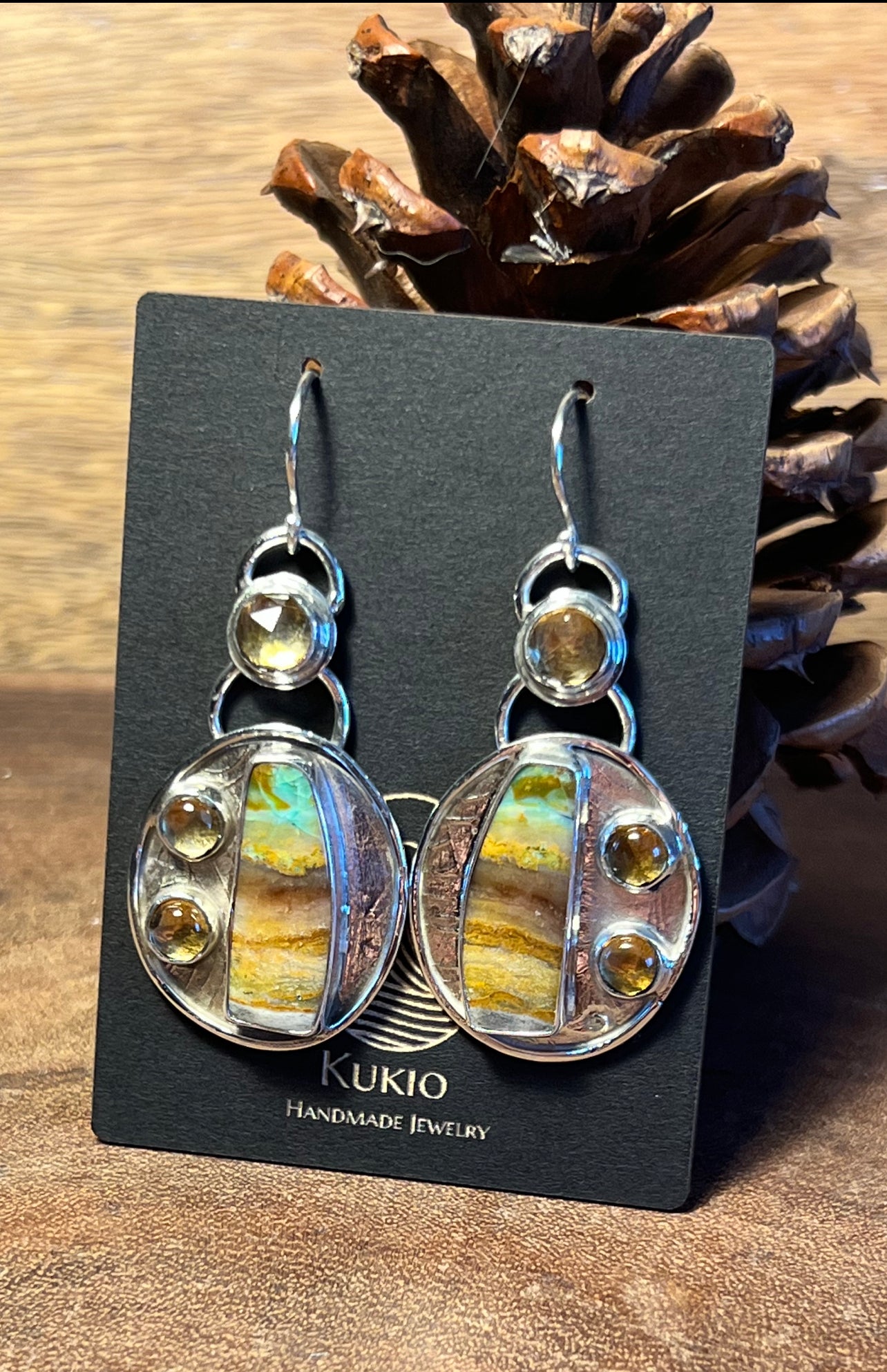 Opalized Wood and Citrine Sterling Silver Dangle Earrings