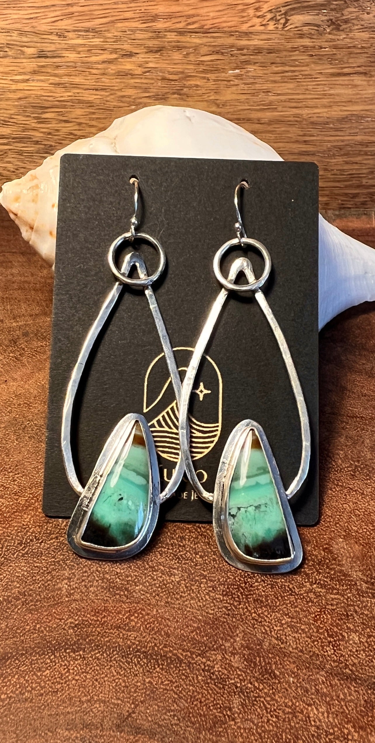 Blue Opalized Wood Sterling Silver Dangle Teardrop Earrings