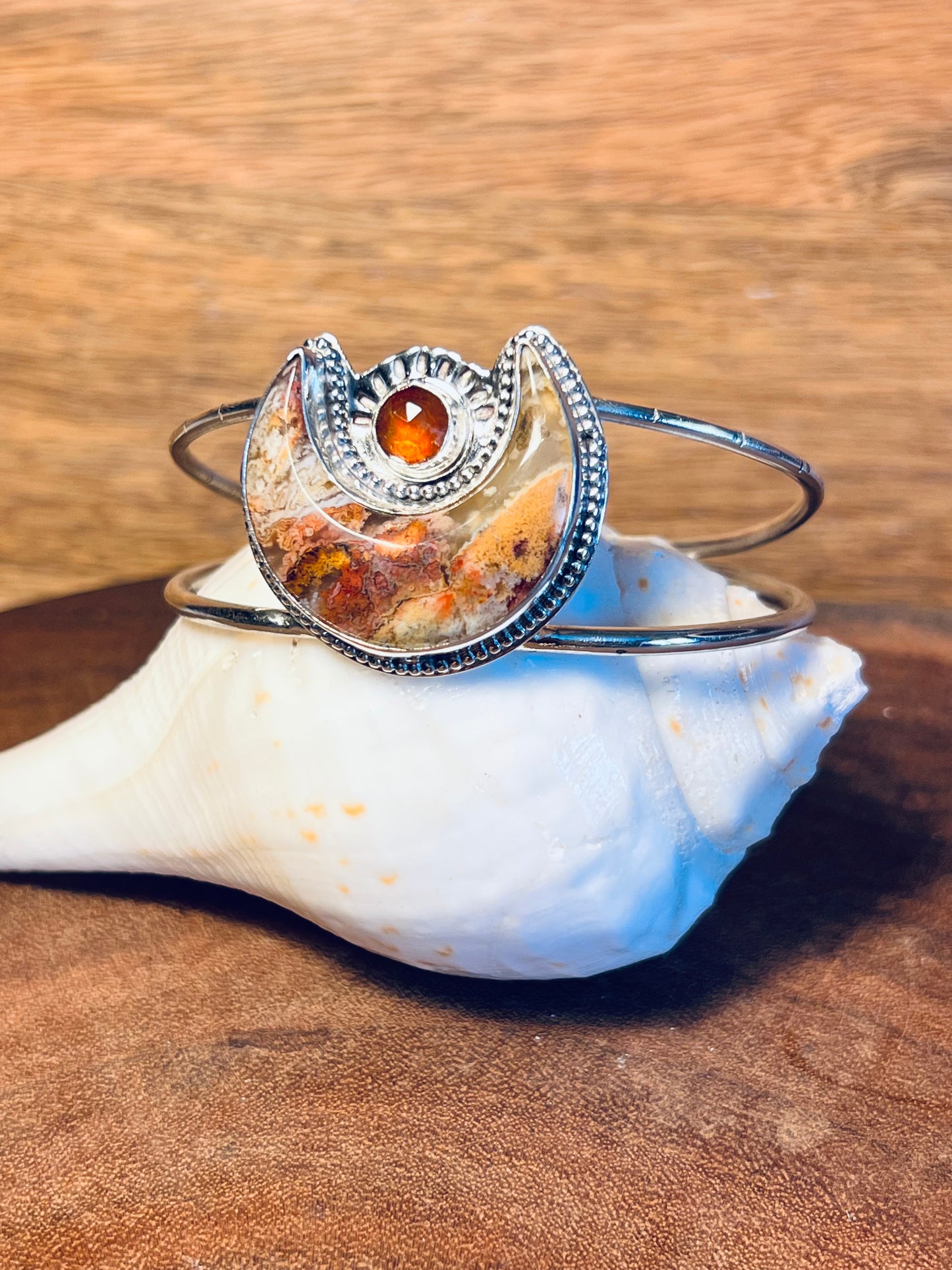 Plume Agate and Orange Kyanite Sterling Silver Cuff