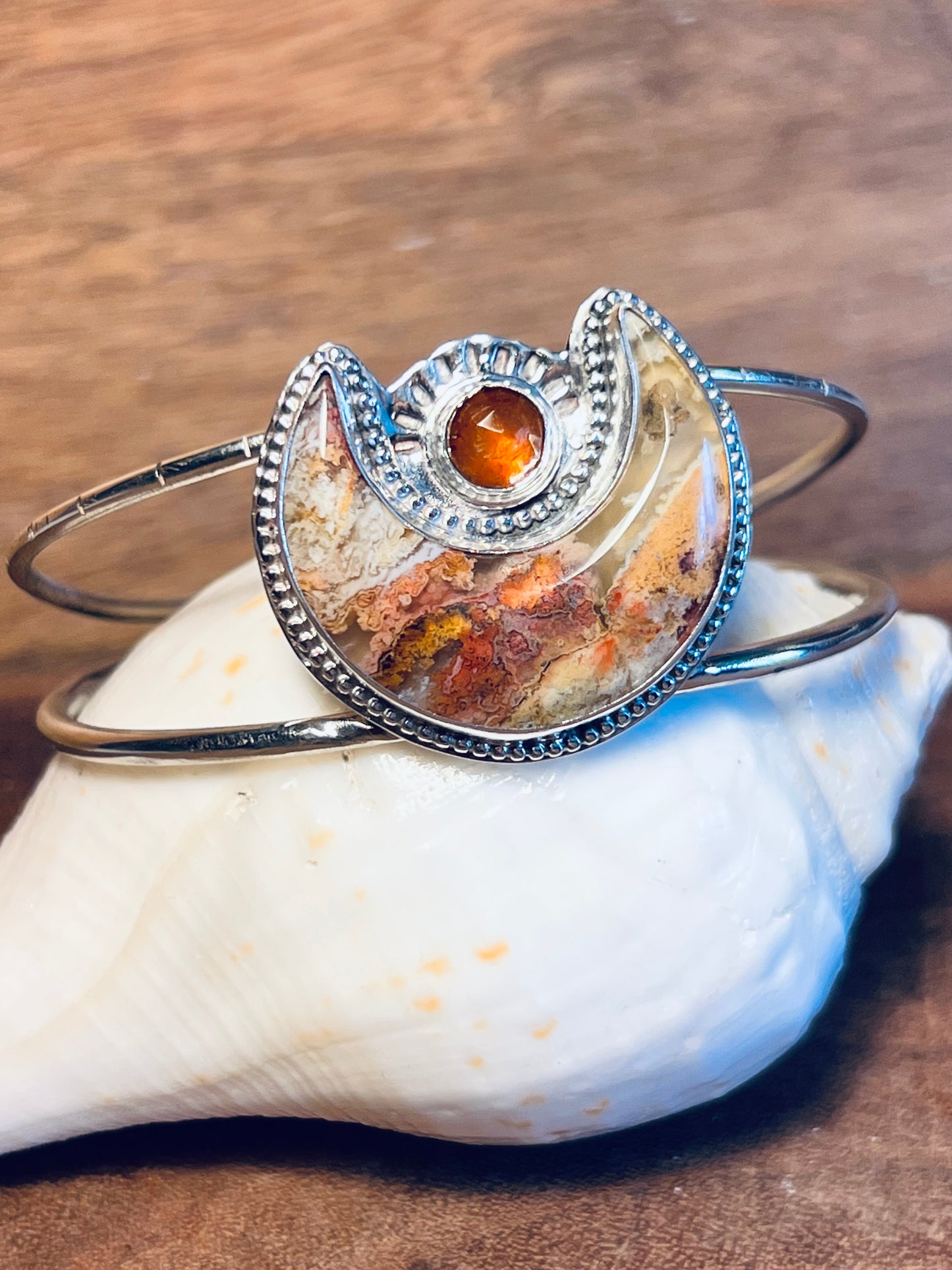 Plume Agate and Orange Kyanite Sterling Silver Cuff