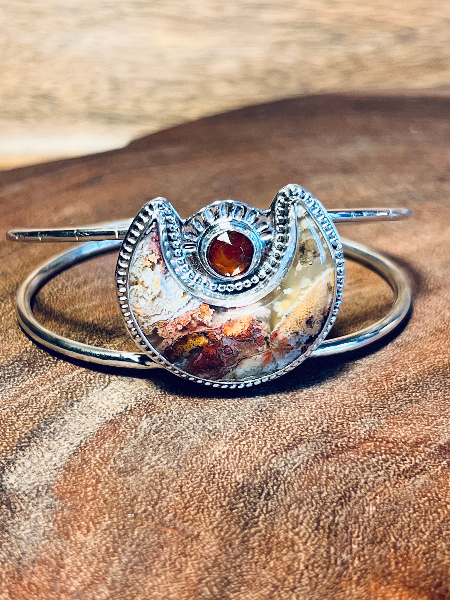 Plume Agate and Orange Kyanite Sterling Silver Cuff