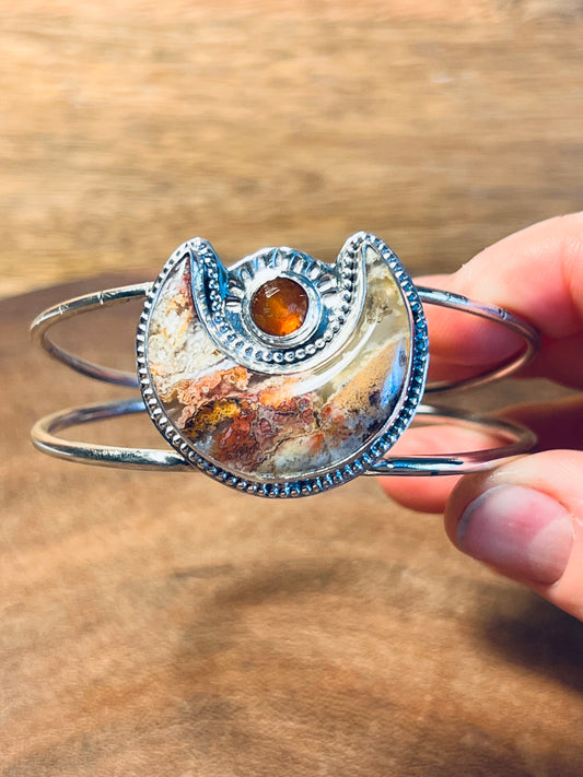 Plume Agate and Orange Kyanite Sterling Silver Cuff