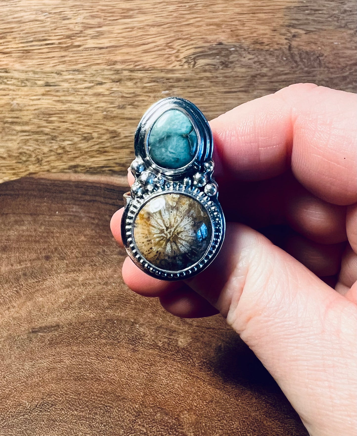 Fossilized Coral and Desert Bloom Variscite Sterling Silver Ring