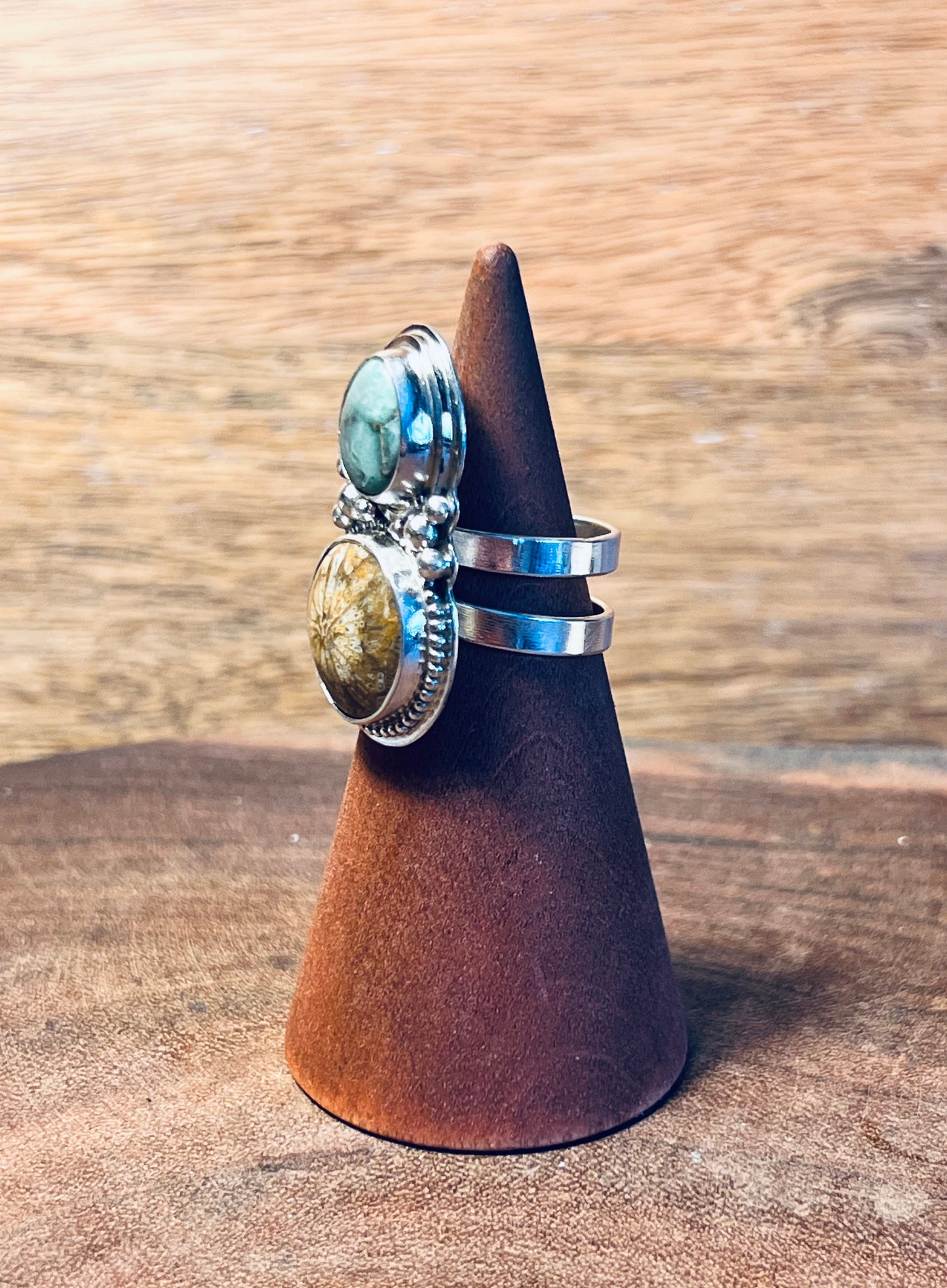 Fossilized Coral and Desert Bloom Variscite Sterling Silver Ring