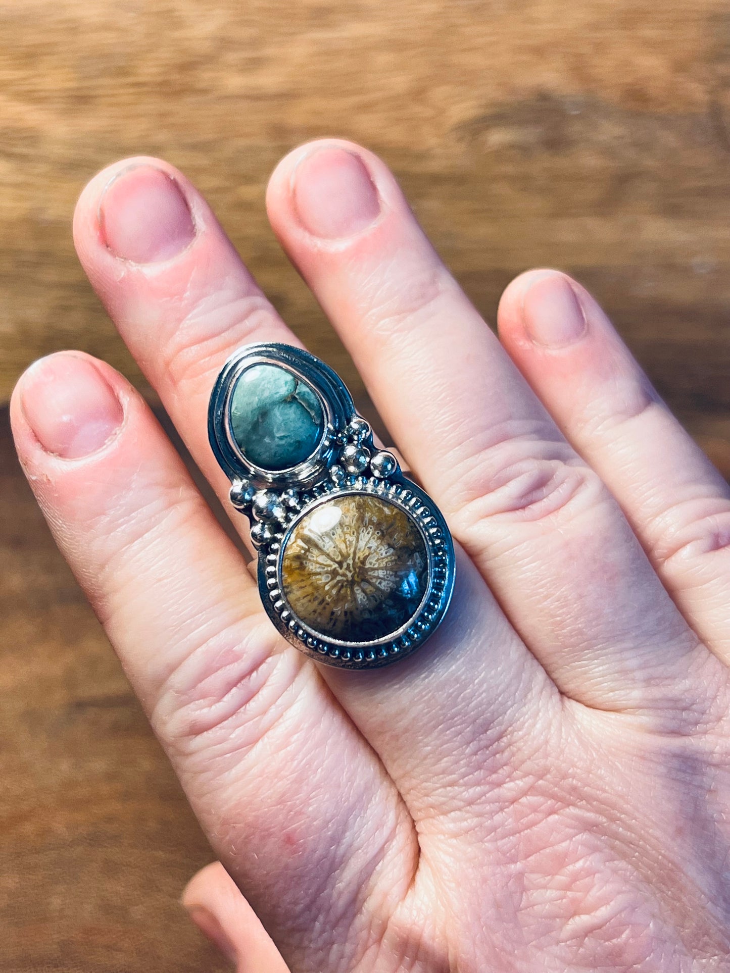 Fossilized Coral and Desert Bloom Variscite Sterling Silver Ring