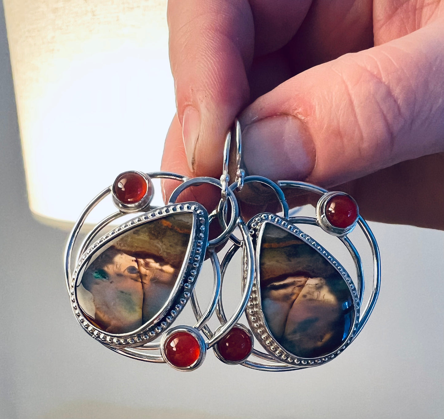 Opalized Wood and Carnelian Double Hoop Sterling Silver Earrings