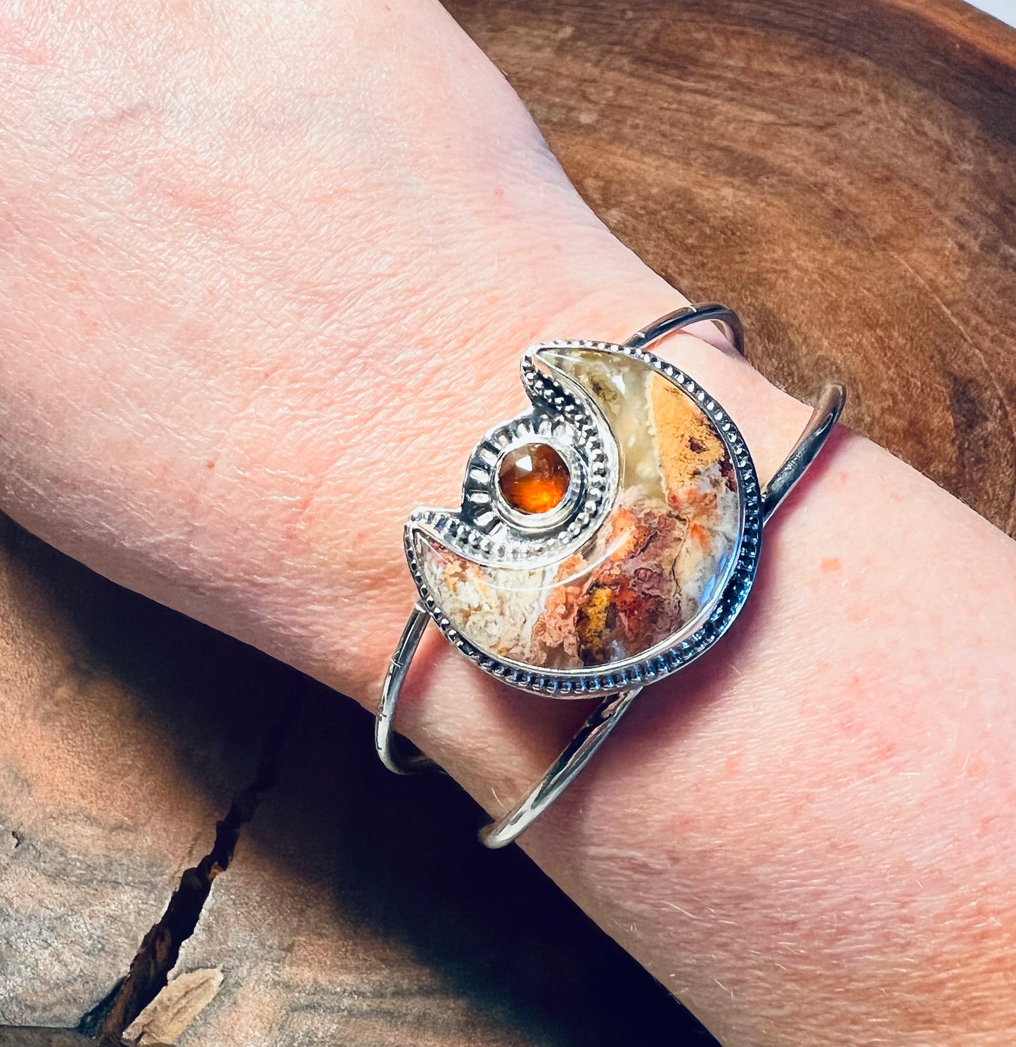 Plume Agate and Orange Kyanite Sterling Silver Cuff