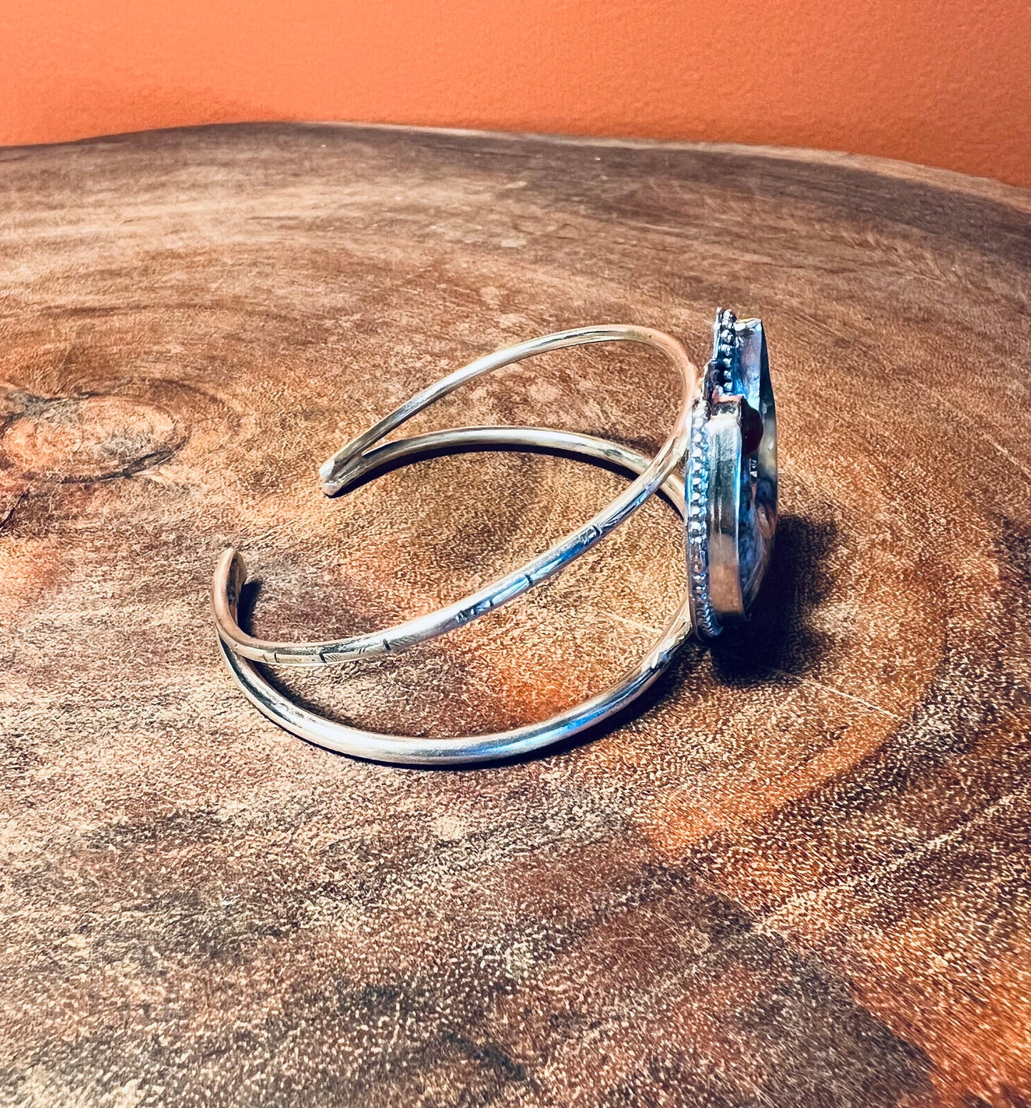 Plume Agate and Orange Kyanite Sterling Silver Cuff