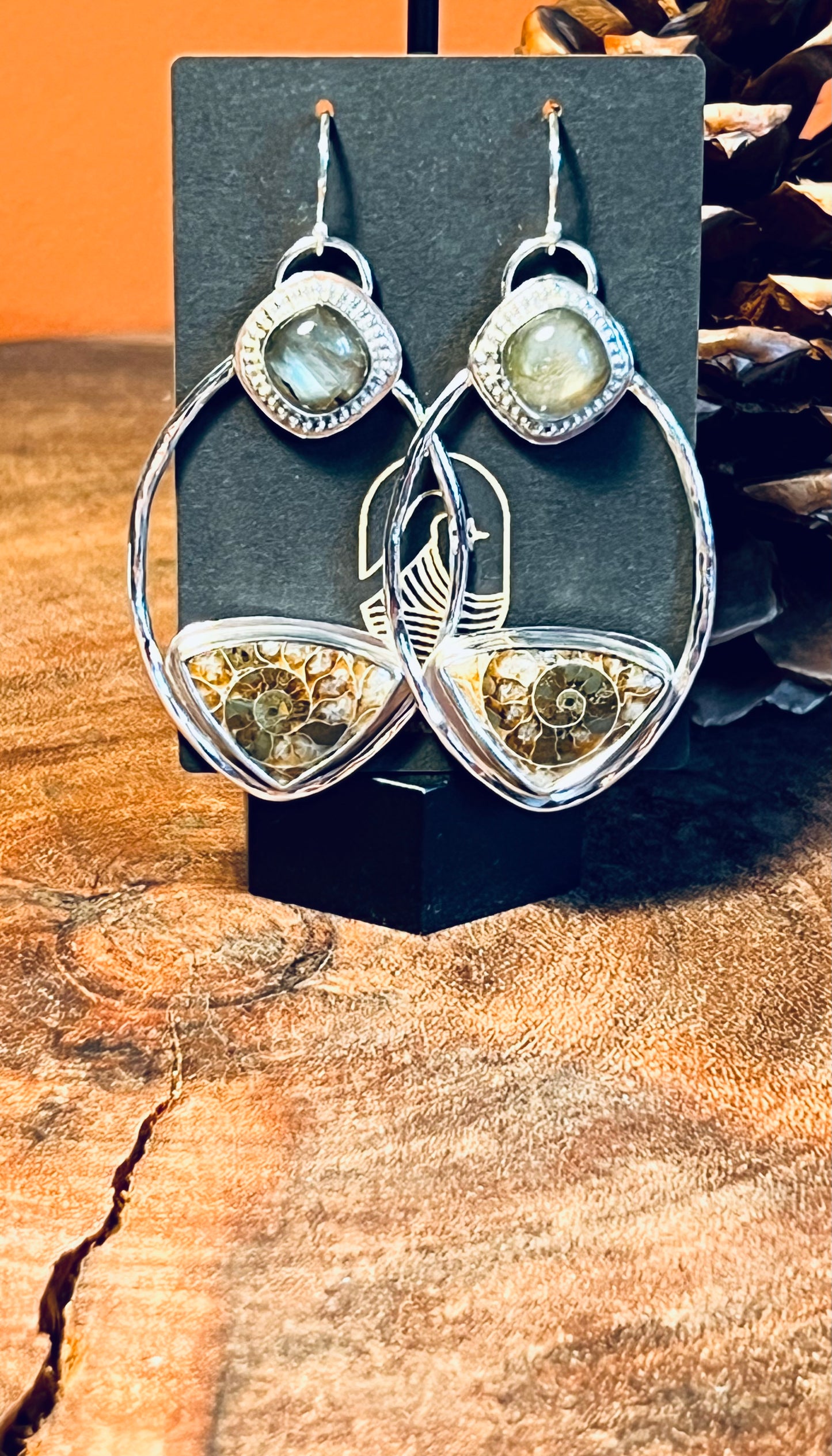 Teardrop Sterling Silver Ammonite and Labradorite Dangle Earrings