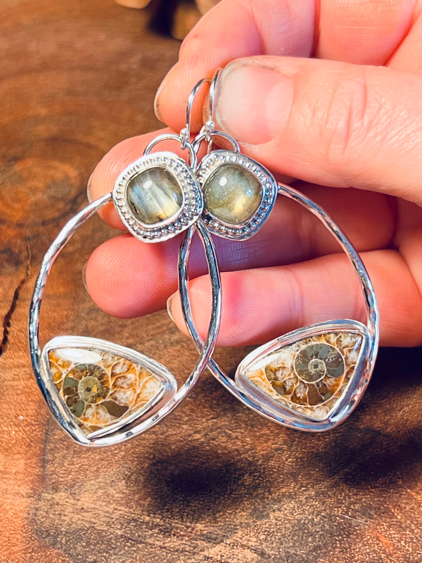 Teardrop Sterling Silver Ammonite and Labradorite Dangle Earrings