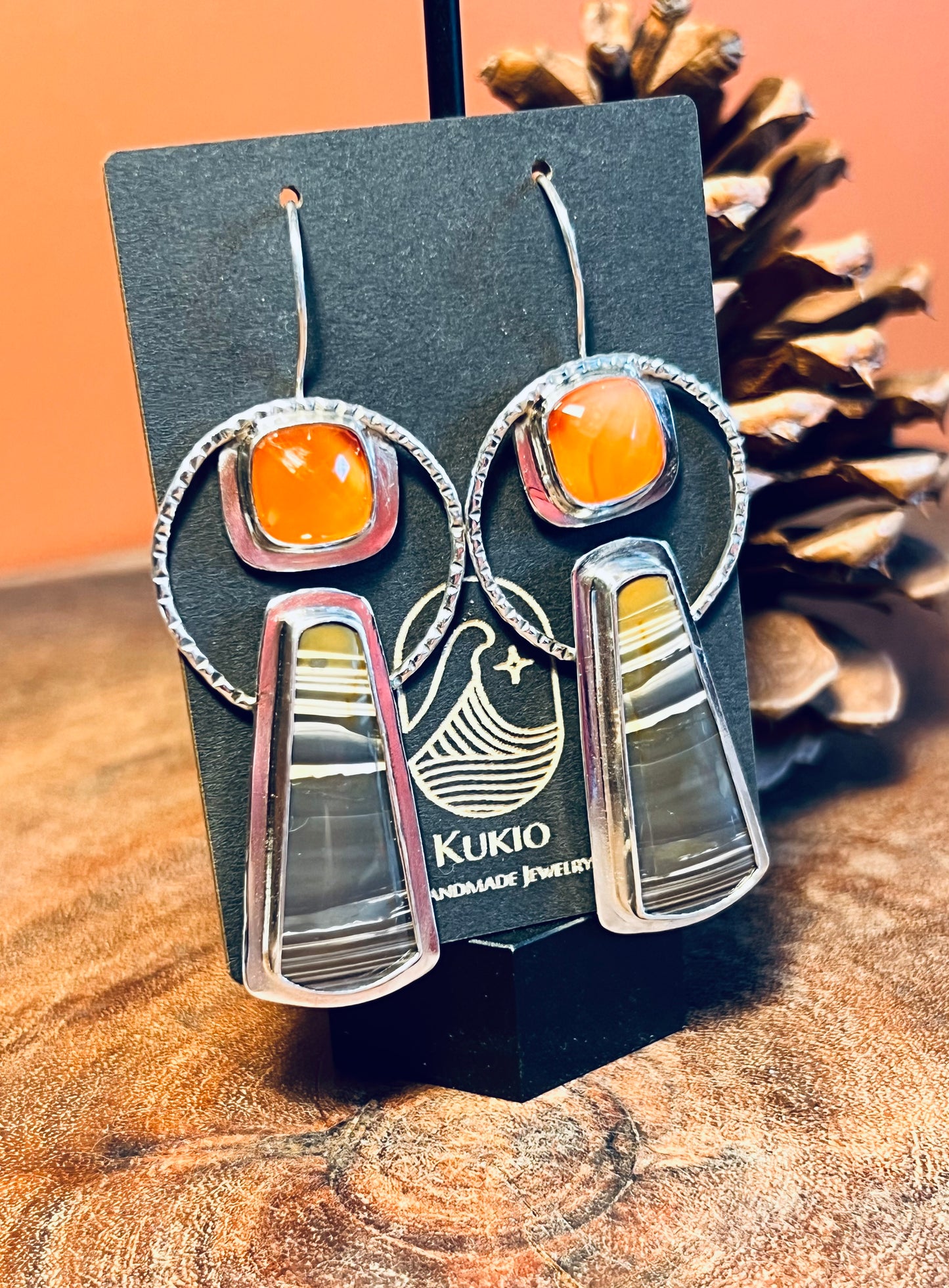 Banded Agate and Carnelian Sterling Silver Earrings