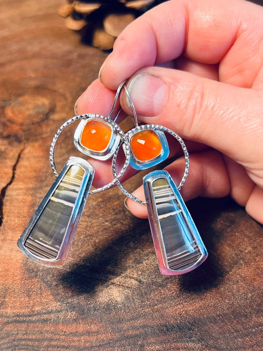 Banded Agate and Carnelian Sterling Silver Earrings