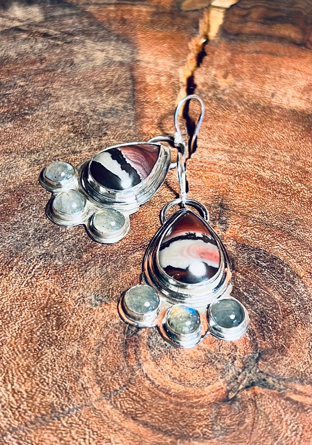 Mimbres Dendritic Rhyolite and Labradorite Sterling Silver Dangle Earrings