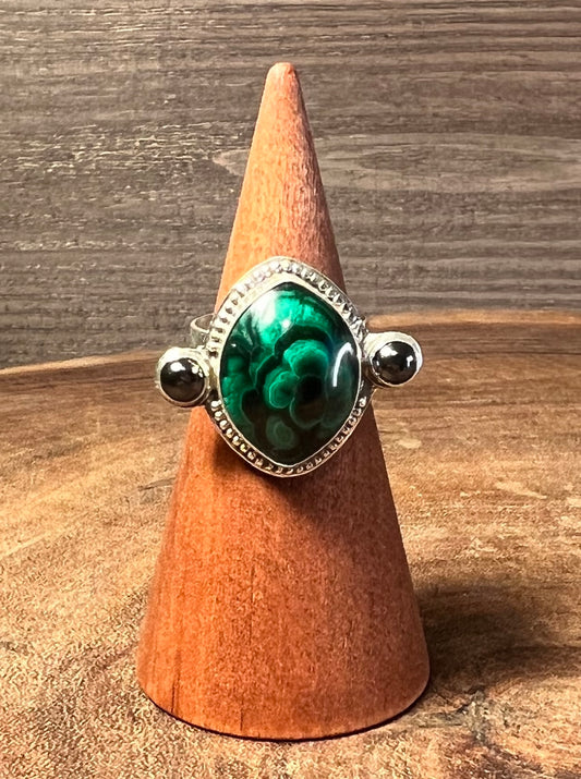 Malachite and Hematite Sterling Silver Statement Ring
